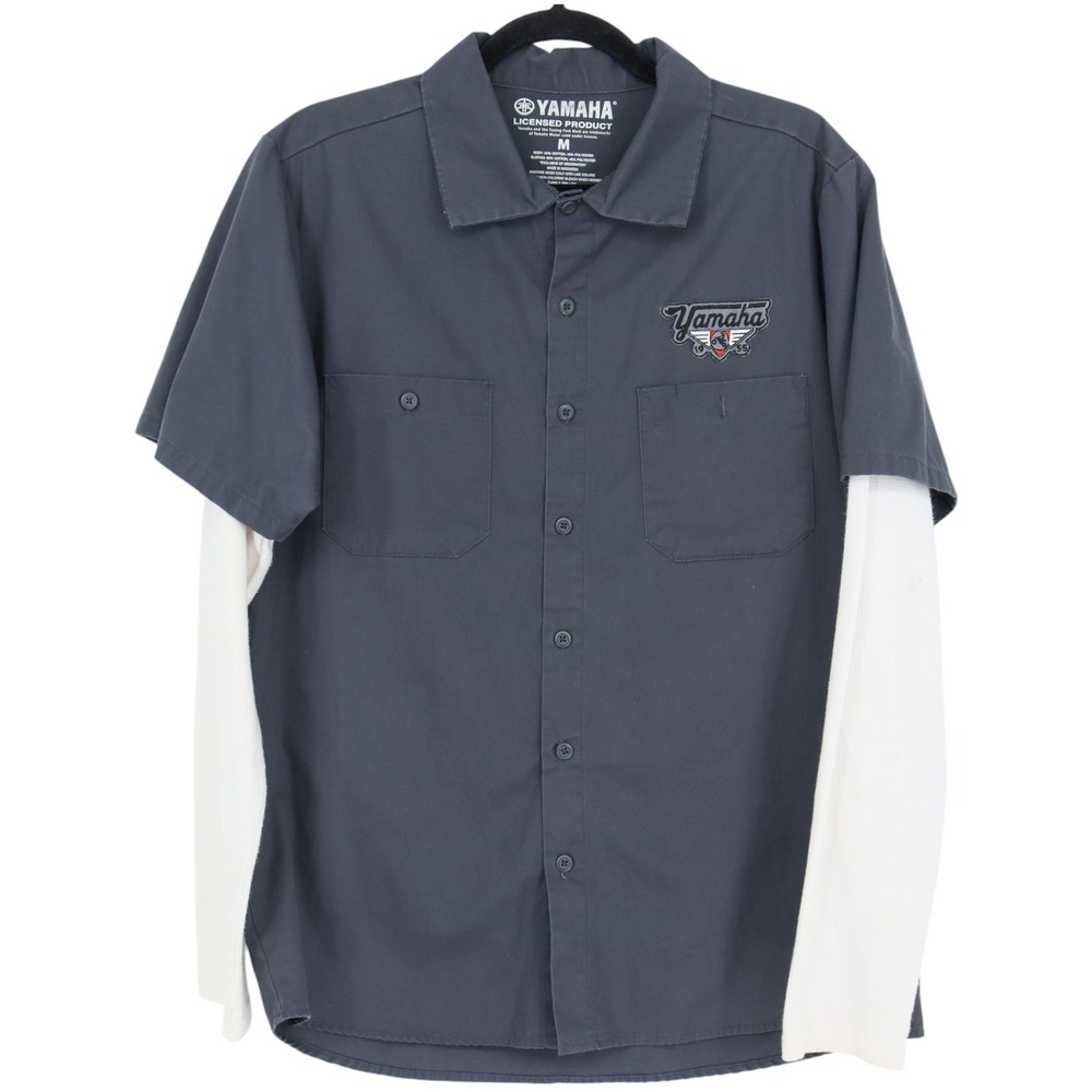Yamaha Work Shirt Mens Size M Navy Blue Gray Long Sleeve Mechanic Motorcycle
